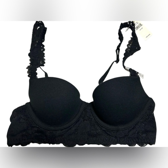 NWT Aerie American Eagle Black Lace Ruffle Underwire Padded Demi Cup Bra Sz 32A - Picture 1 of 5